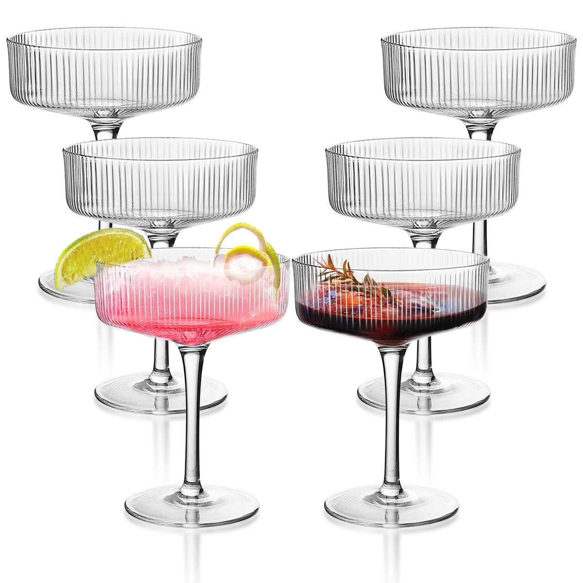 Ribbed Coupe Glasses Set of 6, 10 oz Crystal Cocktail Glassware C786