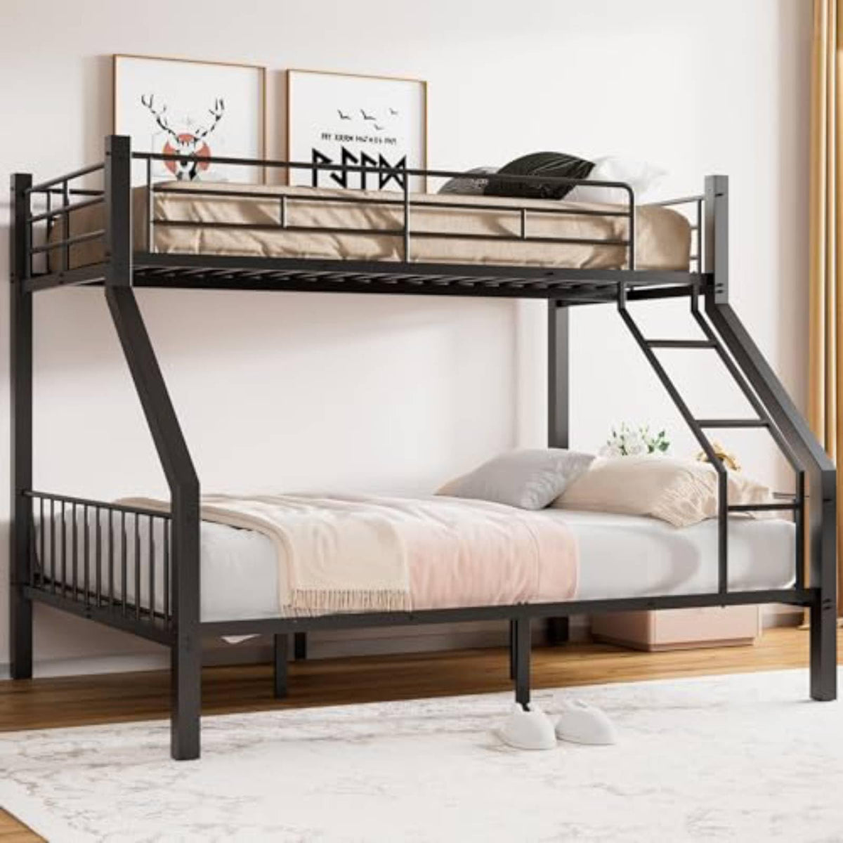 Twin XL Over Queen Bunk Bed with Ladder and Guardrails B9991