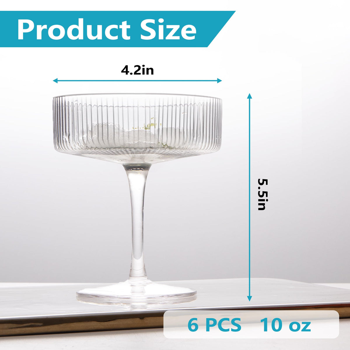 Ribbed Coupe Glasses Set of 6, 10 oz Crystal Cocktail Glassware C786