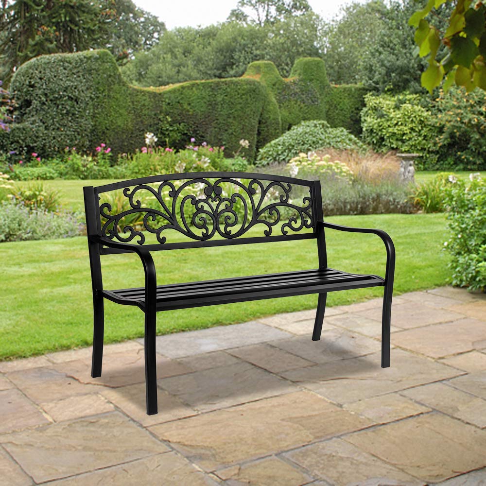 50in Black Metal Outdoor Bench with Armrests C2118