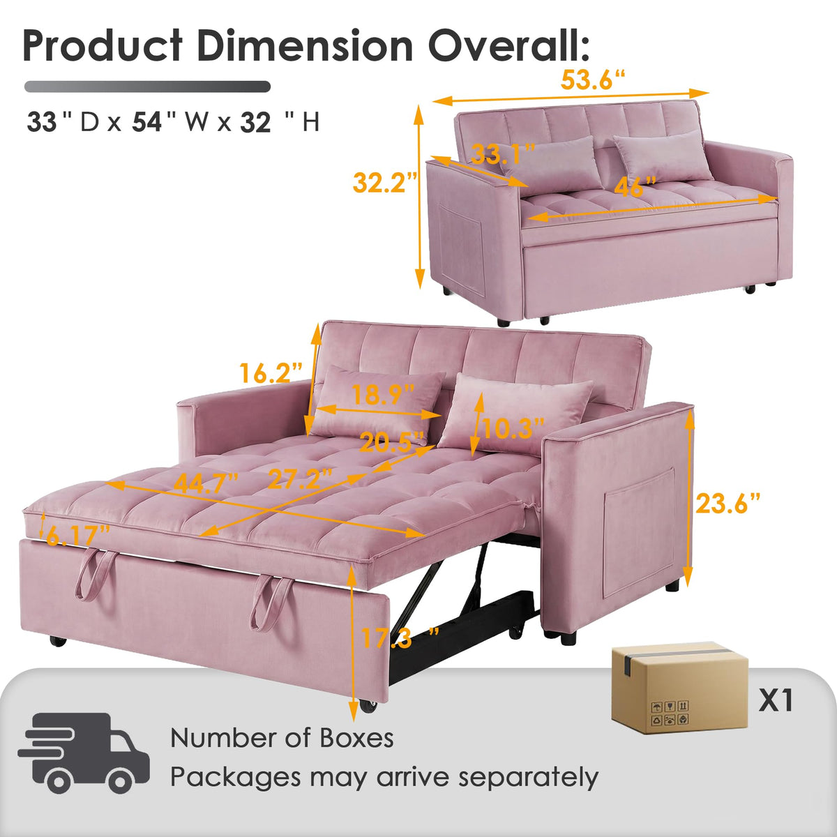 Pink Velvet 54" Sleeper Sofa V45768