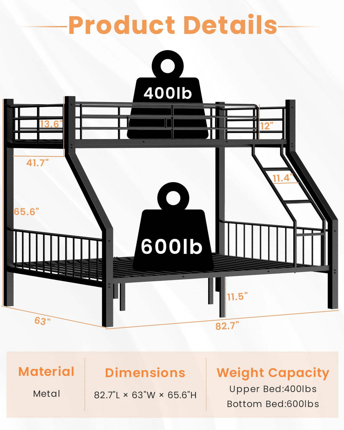 Twin XL Over Queen Bunk Bed with Ladder and Guardrails B9991