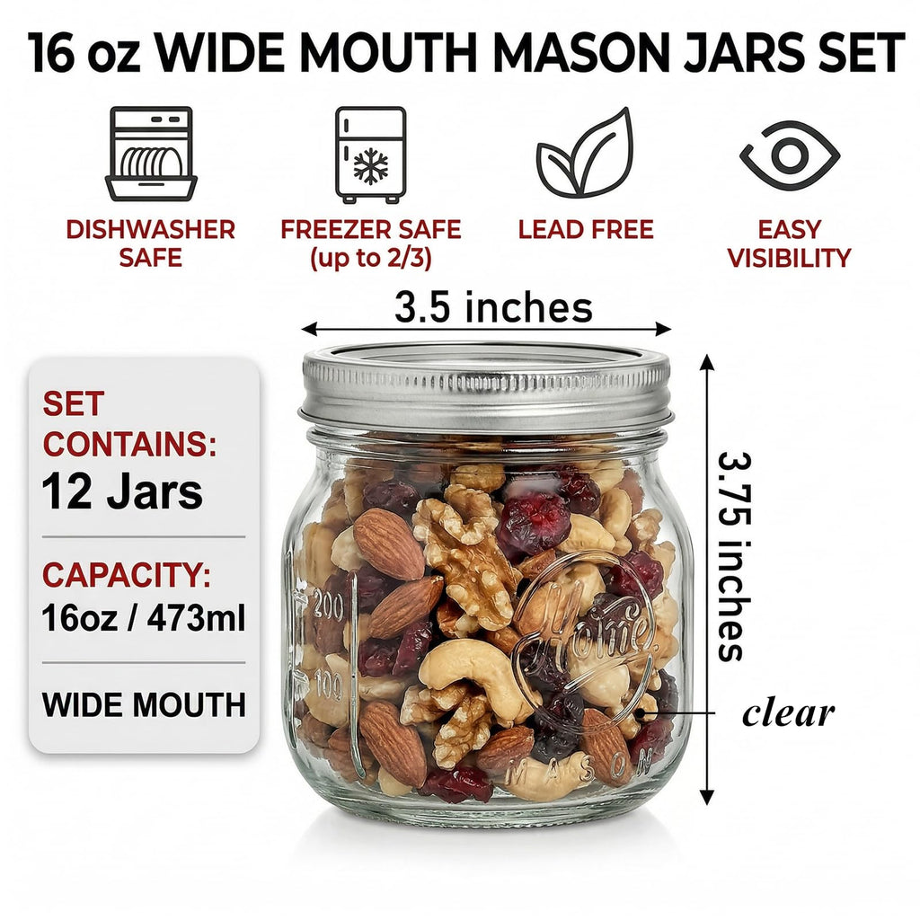 12 Pack 16Oz Wide Mouth Glass Mason Jars with Airtight Lids P6321