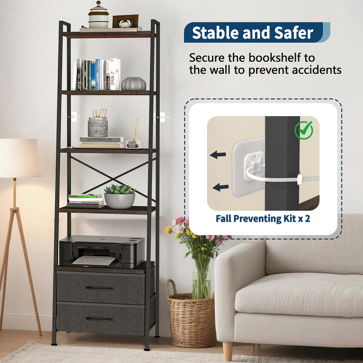5-Tier Ladder Bookshelf with 2 Drawers Black J81211