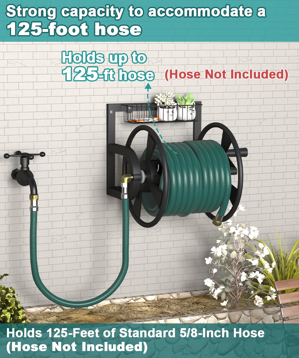 Wall Mounted Hose Reel, Holds 125 Feet of 5/8-Inch Hose, Black G539