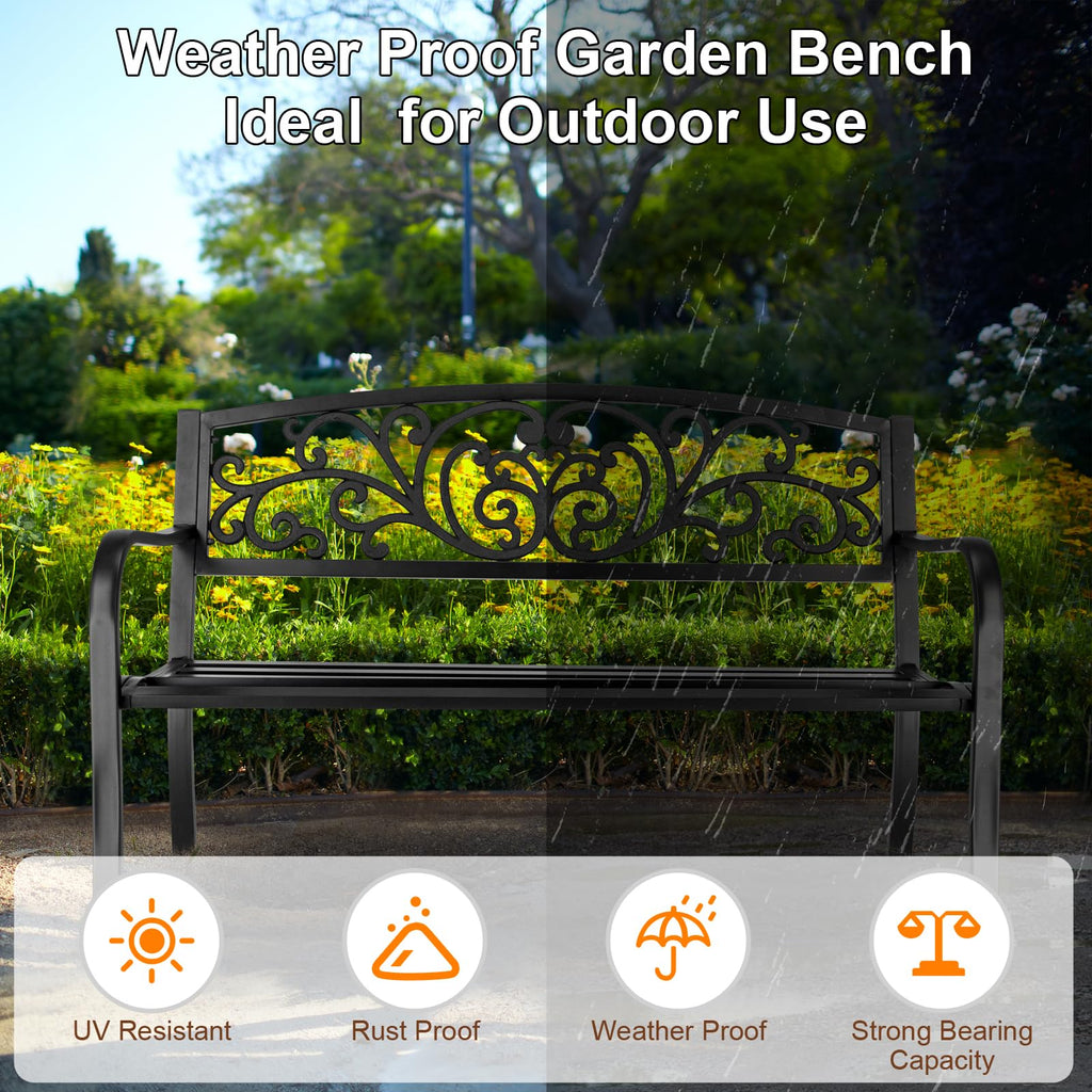 50in Black Metal Outdoor Bench with Armrests C2118