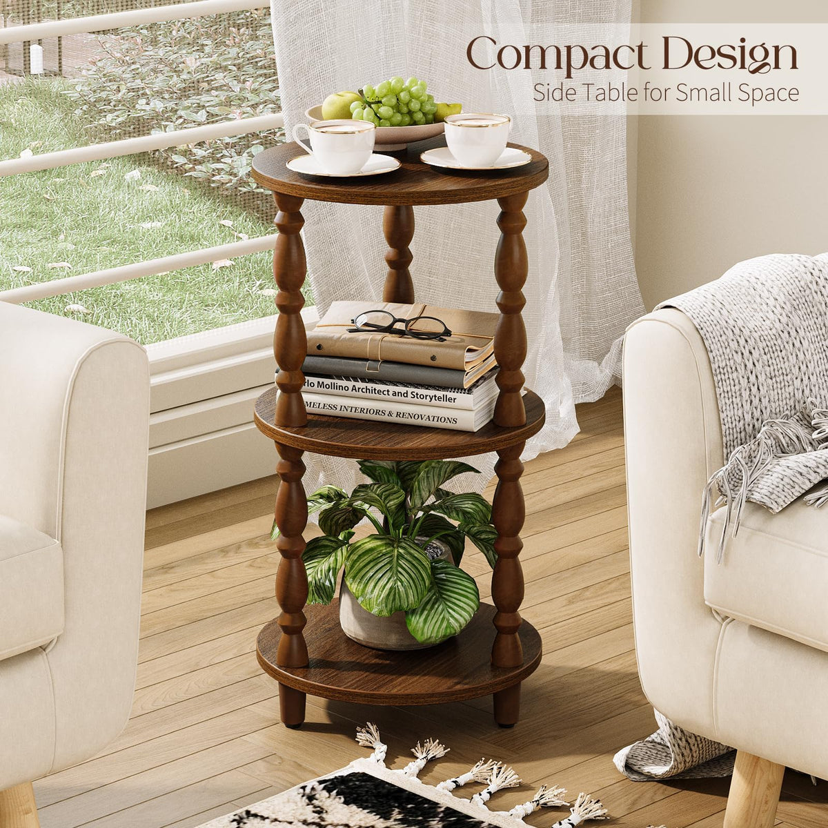 Small Round 3-Tier Wood Side Table with Storage Shelf U4314