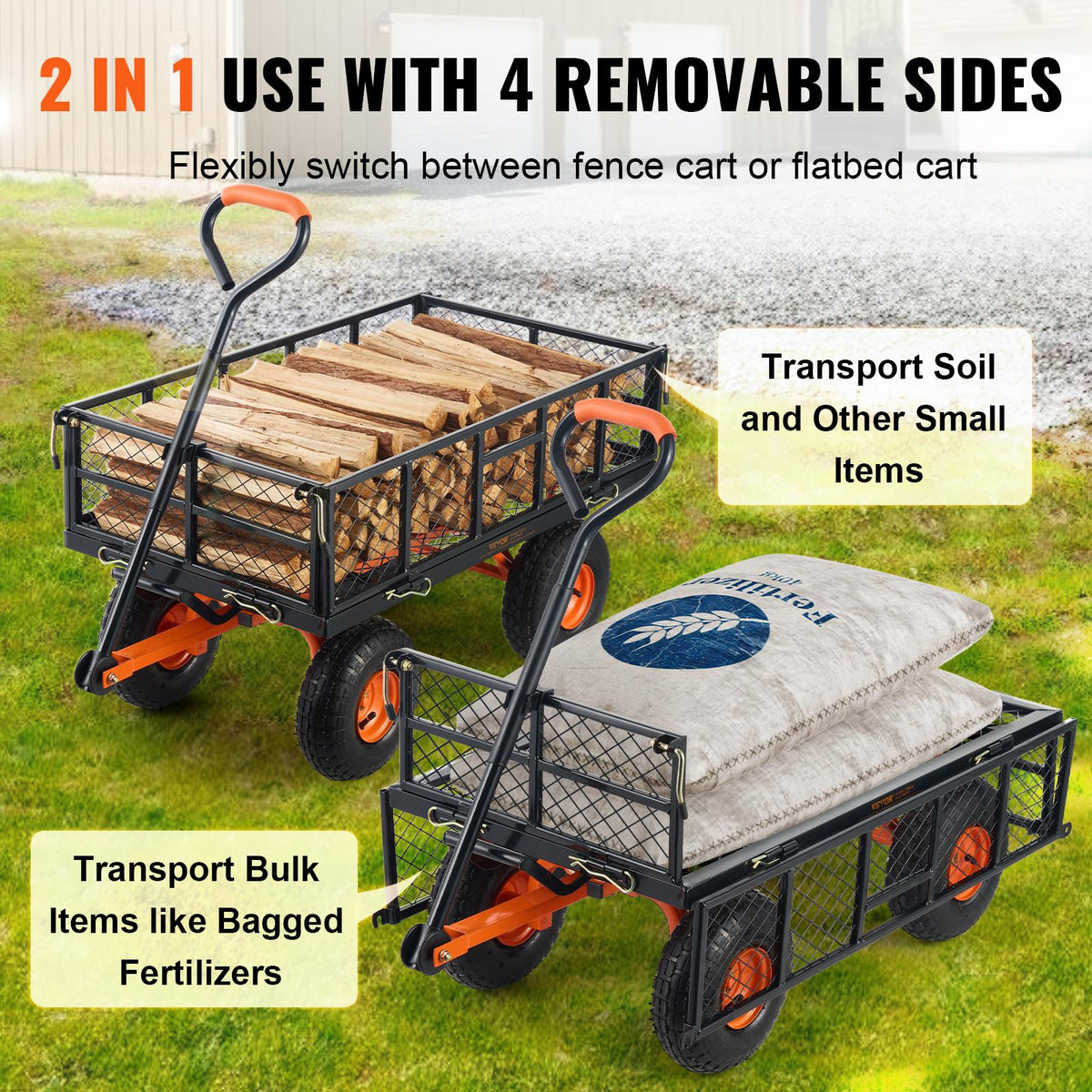 880lbs Steel Garden Dump Cart Utility Wagon with Removable Sides Q2614