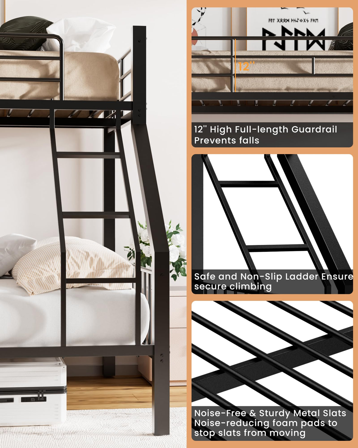 Twin XL Over Queen Bunk Bed with Ladder and Guardrails B9991