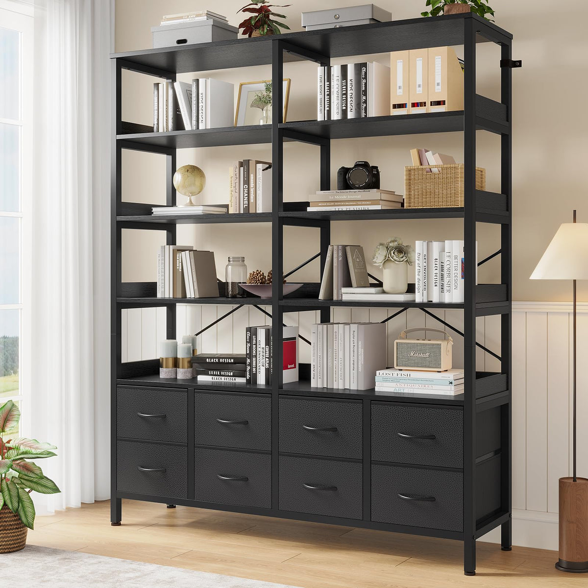 Black 8 Fabric Drawer 7-Tier Bookshelf V753499