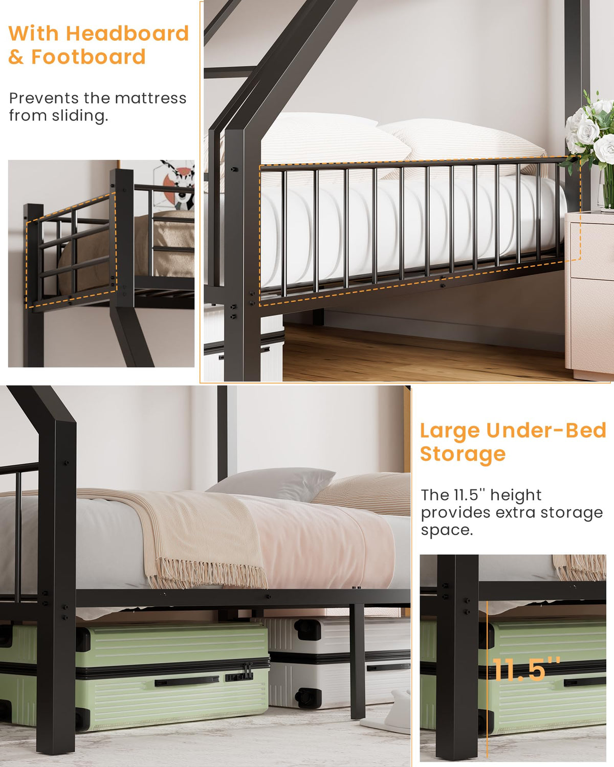 Twin XL Over Queen Bunk Bed with Ladder and Guardrails B9991