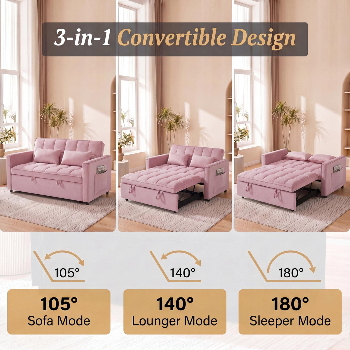 Pink Velvet 54" Sleeper Sofa V45768