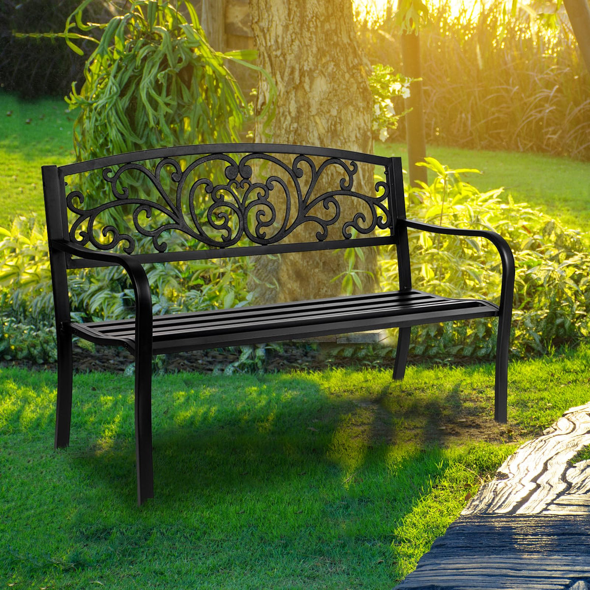 50in Black Metal Outdoor Bench with Armrests C2118