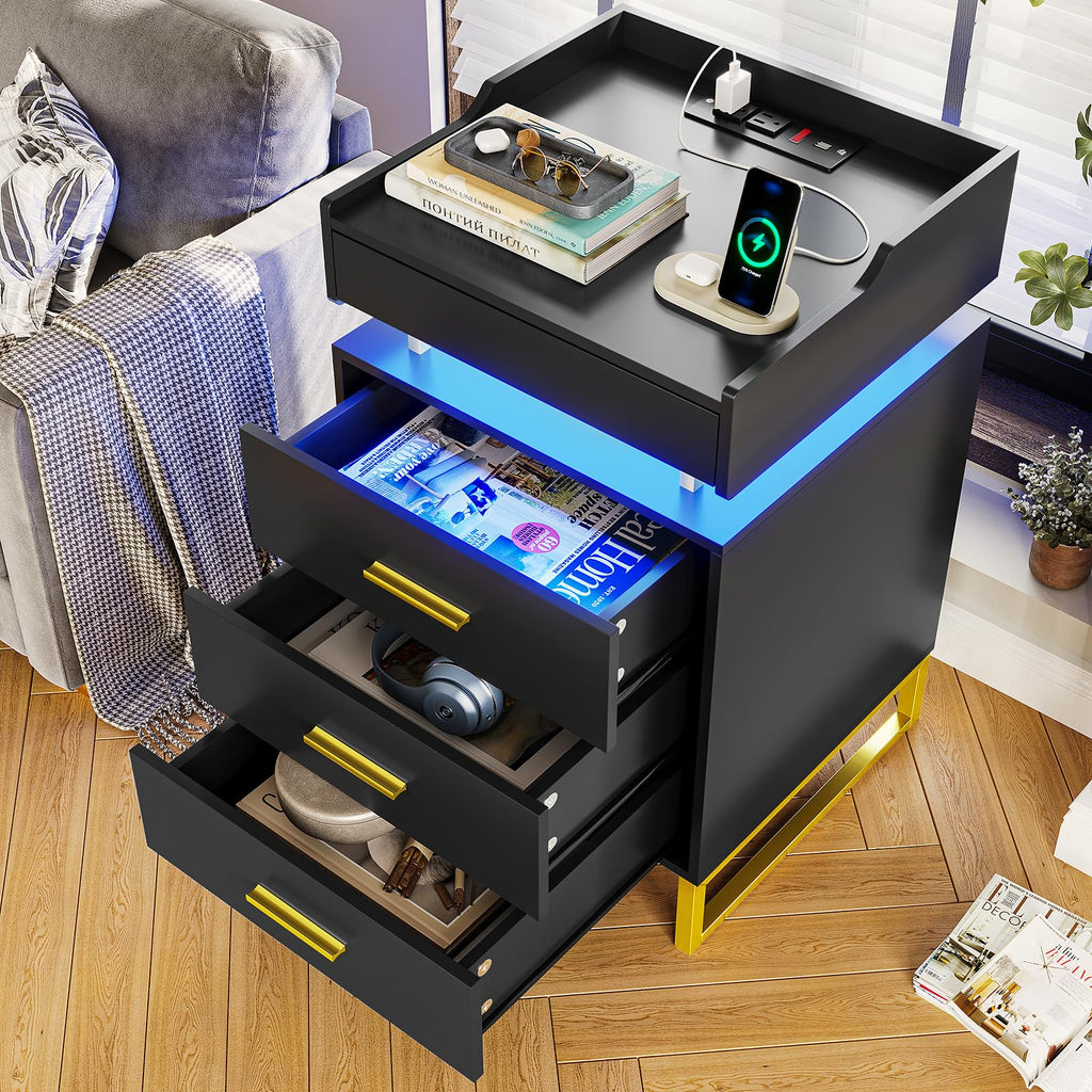 Black and Gold LED Nightstand with Charging Station F3642