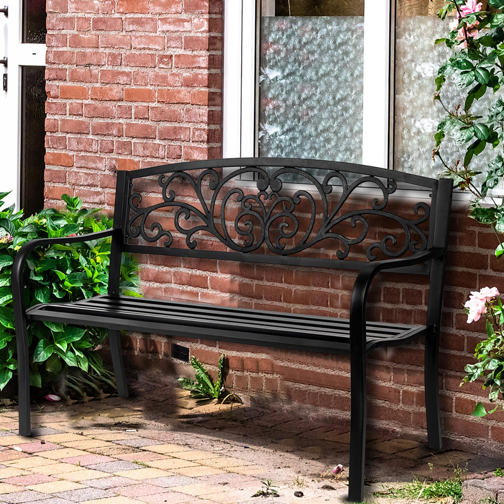 50in Black Metal Outdoor Bench with Armrests C2118