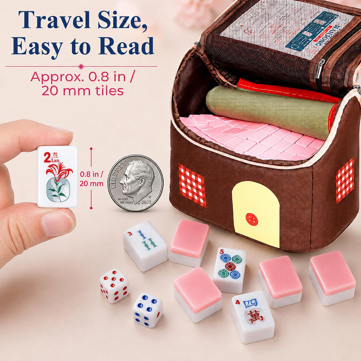 American Mahjong Set 166 Mini 0.8-Inch Tiles 4 Racks Pink L525