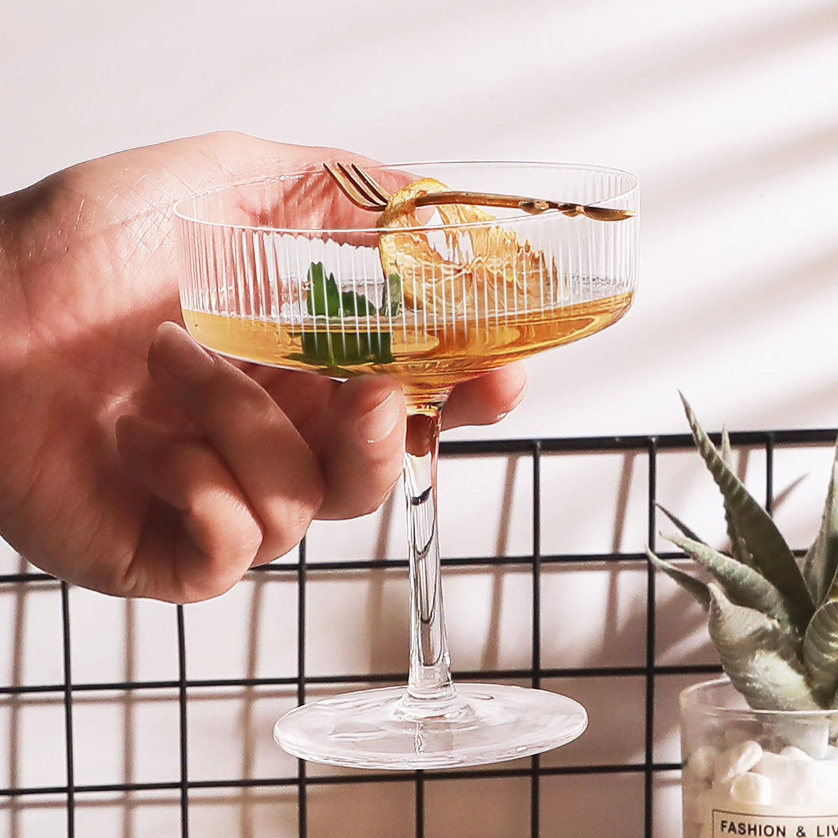 Ribbed Coupe Glasses Set of 6, 10 oz Crystal Cocktail Glassware C786