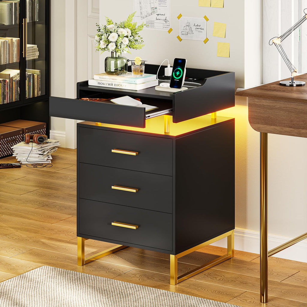 Black and Gold LED Nightstand with Charging Station F3642