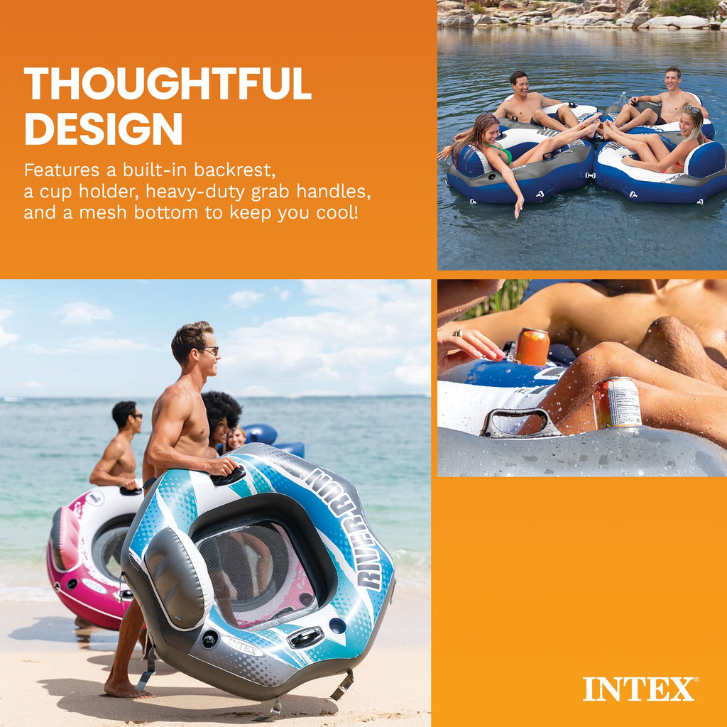 Single Person Inflatable Lounge Tube Chair with Mesh Bottom, Backrest, and Built in Cupholders R222