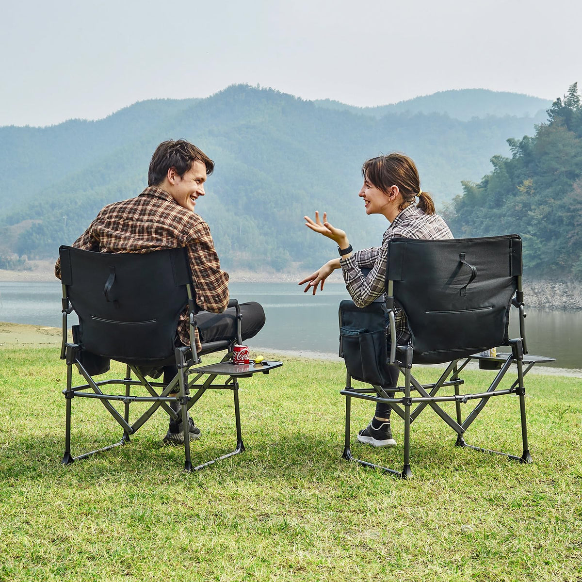 Portable Folding Camping Chair with Side Table, Black Q878