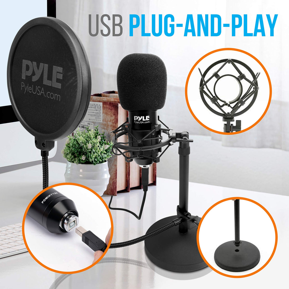 USB Cardioid Condenser Microphone with Desktop Stand and Pop Filter M5033