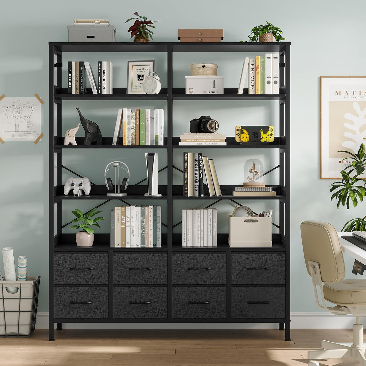 Black 8 Fabric Drawer 7-Tier Bookshelf V753499