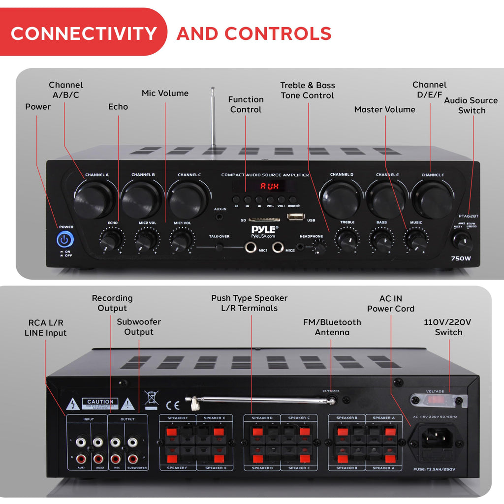 6 Channel 750 Watt Bluetooth Wireless Home Amplifier Y691062