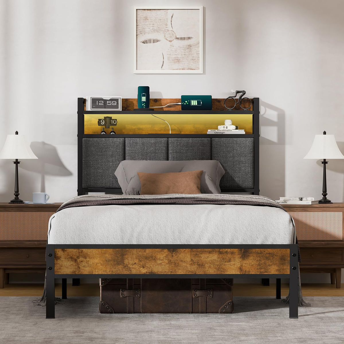 Twin Bed Frame with Upholstered Headboard P66078