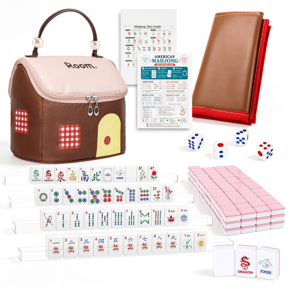 American Mahjong Set 166 Mini 0.8-Inch Tiles 4 Racks Pink L525