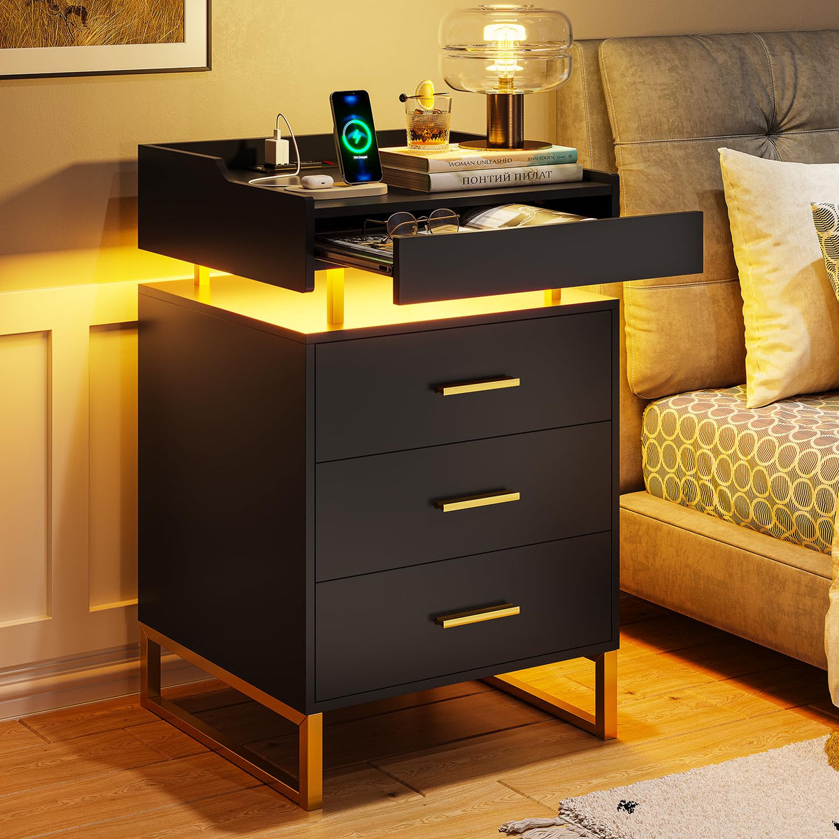 Black and Gold LED Nightstand with Charging Station F3642