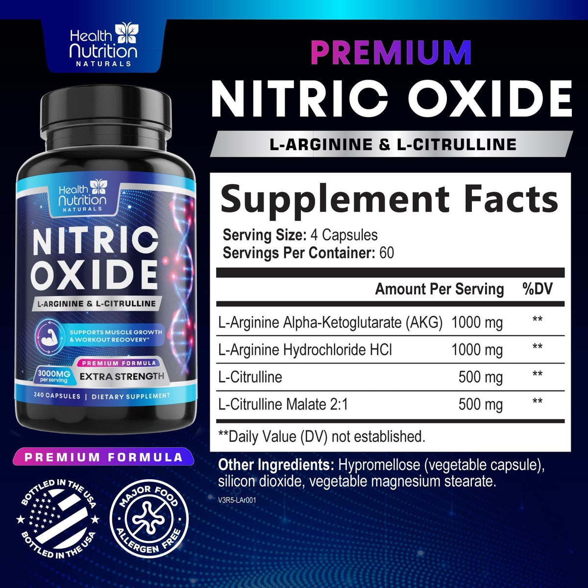 3000mg L-Arginine & L-Citrulline Nitric Oxide Supplement 240 Capsules H51556