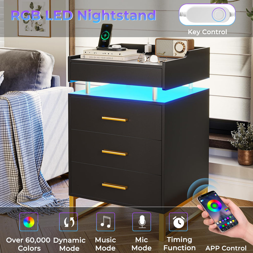 Black and Gold LED Nightstand with Charging Station F3642