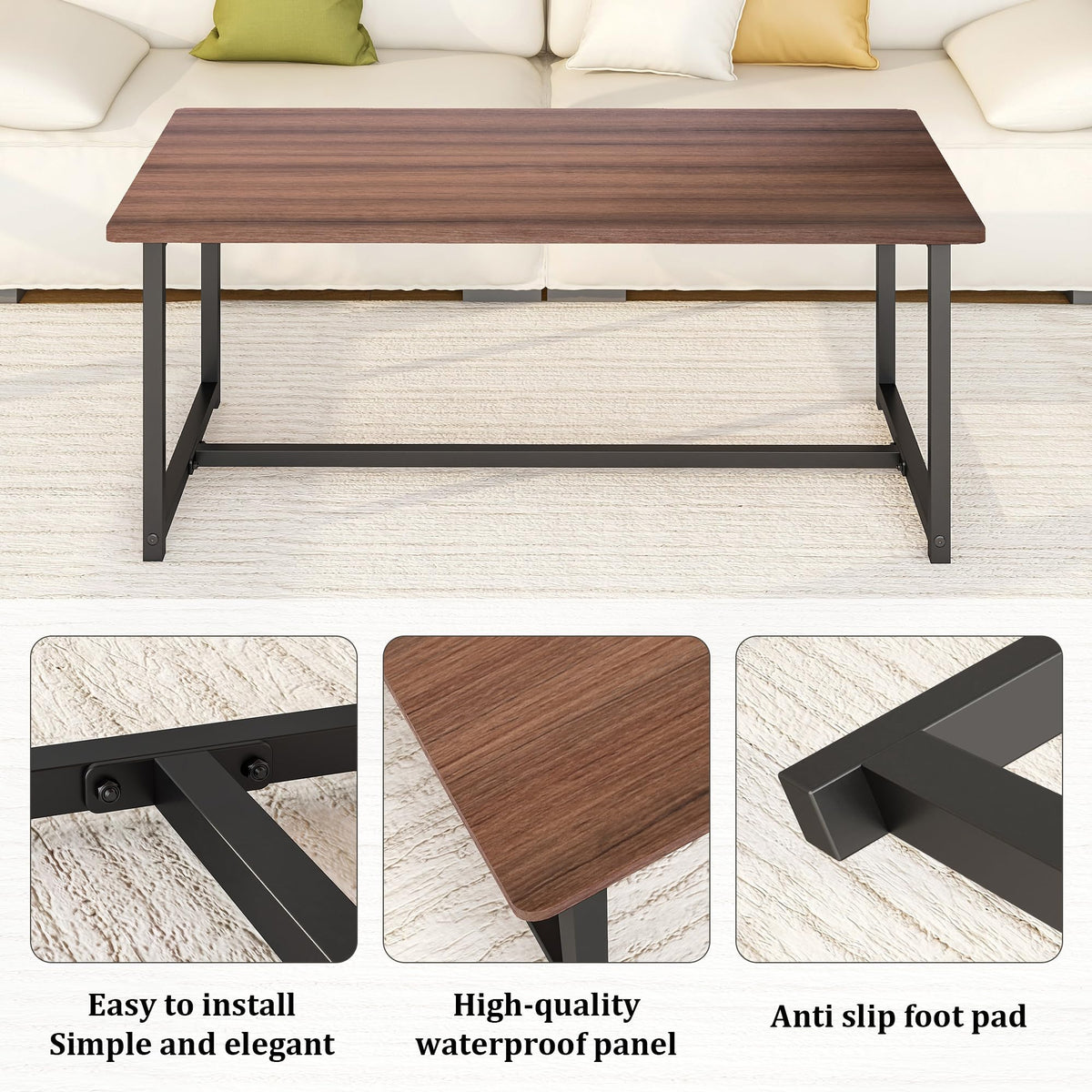Walnut Rectangular Wood Coffee Table with Metal Frame B591