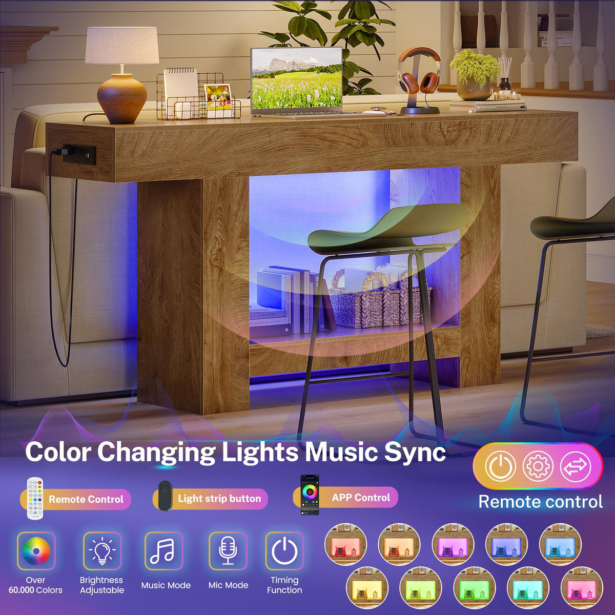 63" Entryway Table with Smart RGB Lights and Charging Station Z46116