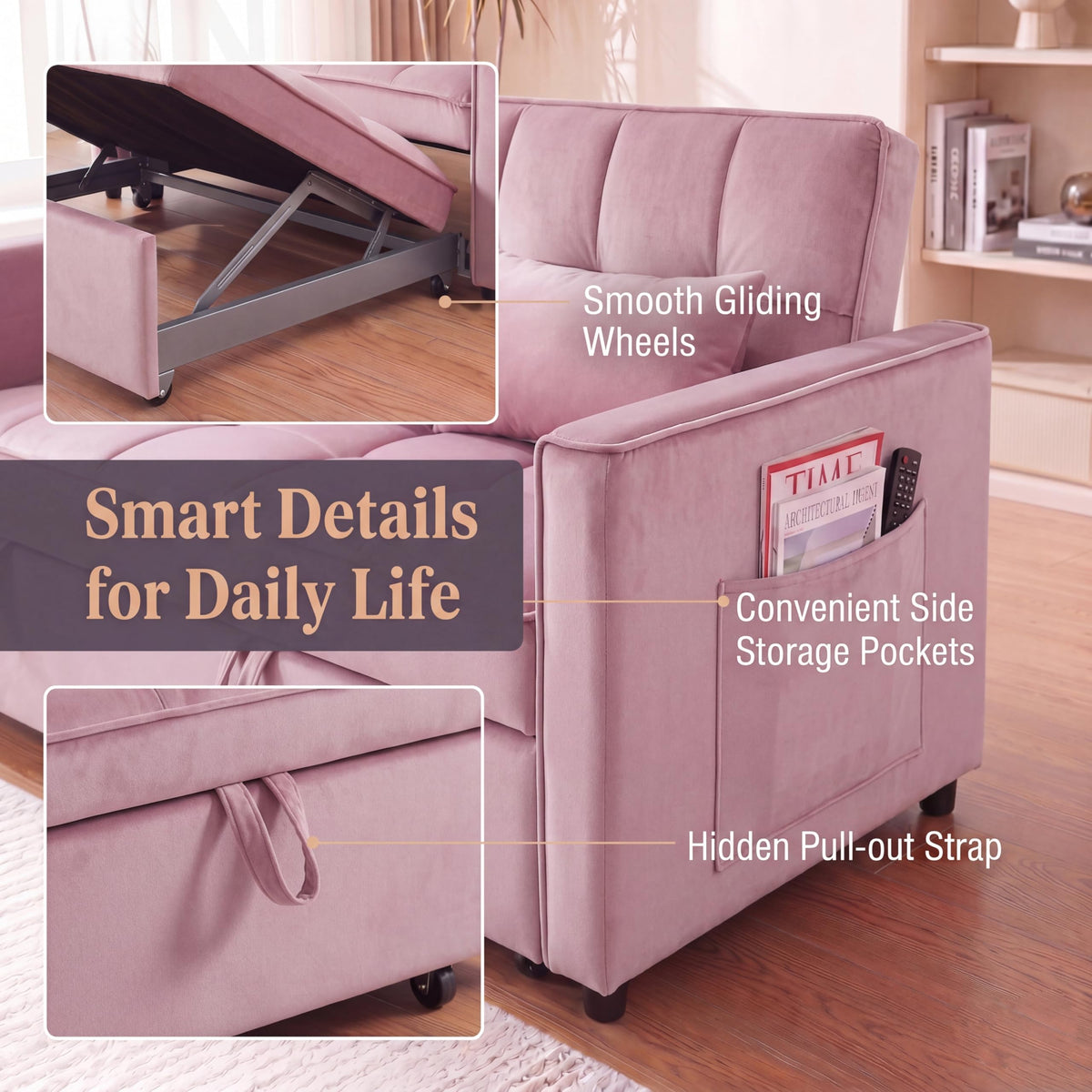 Pink Velvet 54" Sleeper Sofa V45768