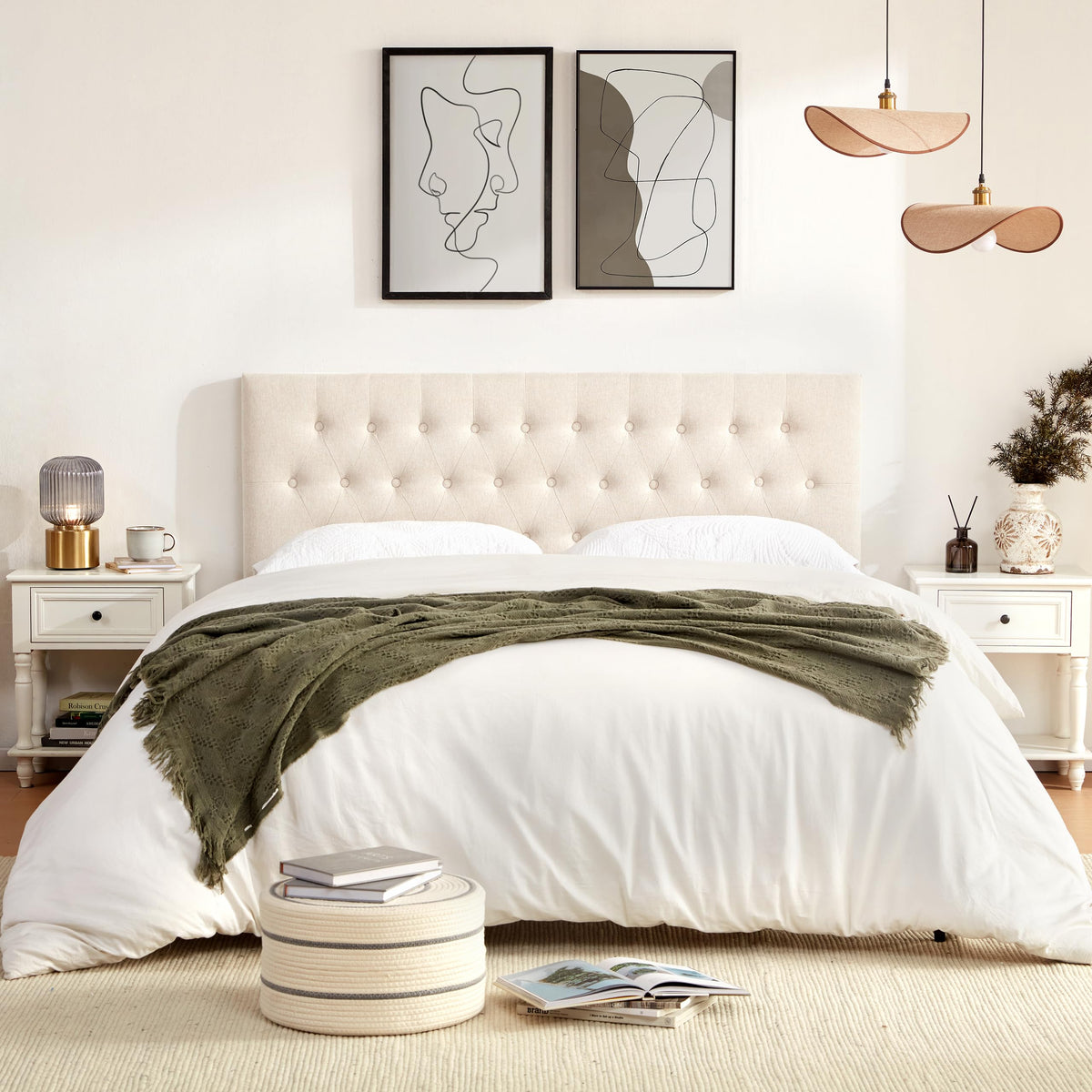 Beige Tufted Upholstered Queen Size Headboard U65104