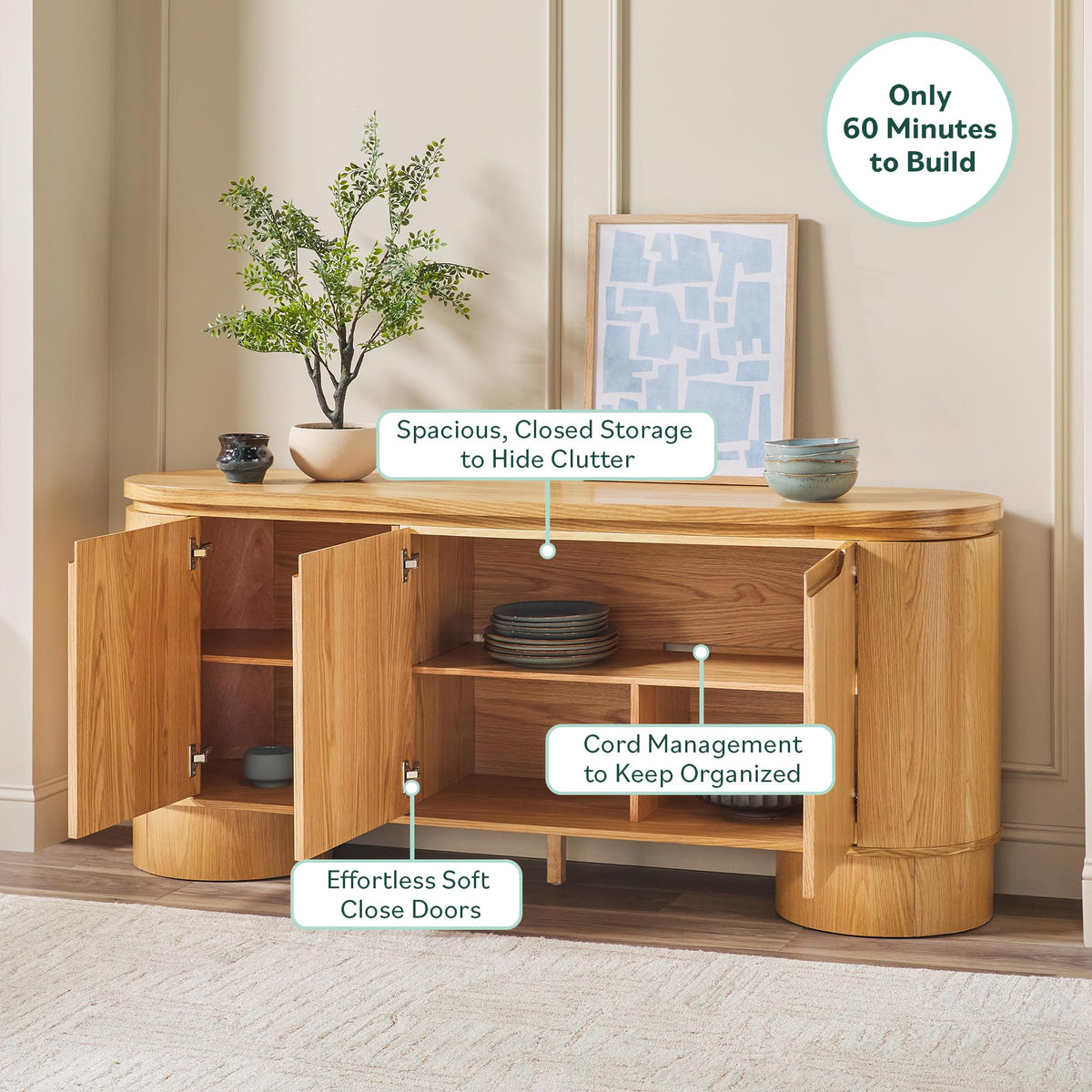 70 Inch White Oak Wood Sideboard TV Stand with Storage M295726