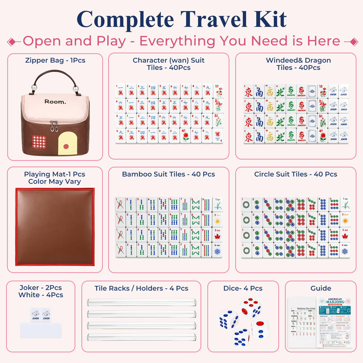 American Mahjong Set 166 Mini 0.8-Inch Tiles 4 Racks Pink L525