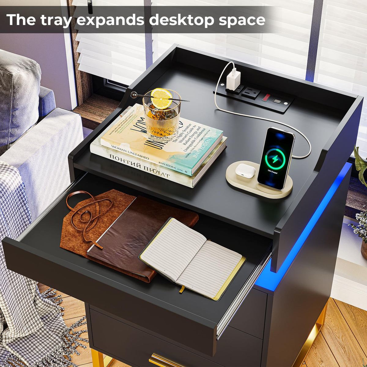 Black and Gold LED Nightstand with Charging Station F3642