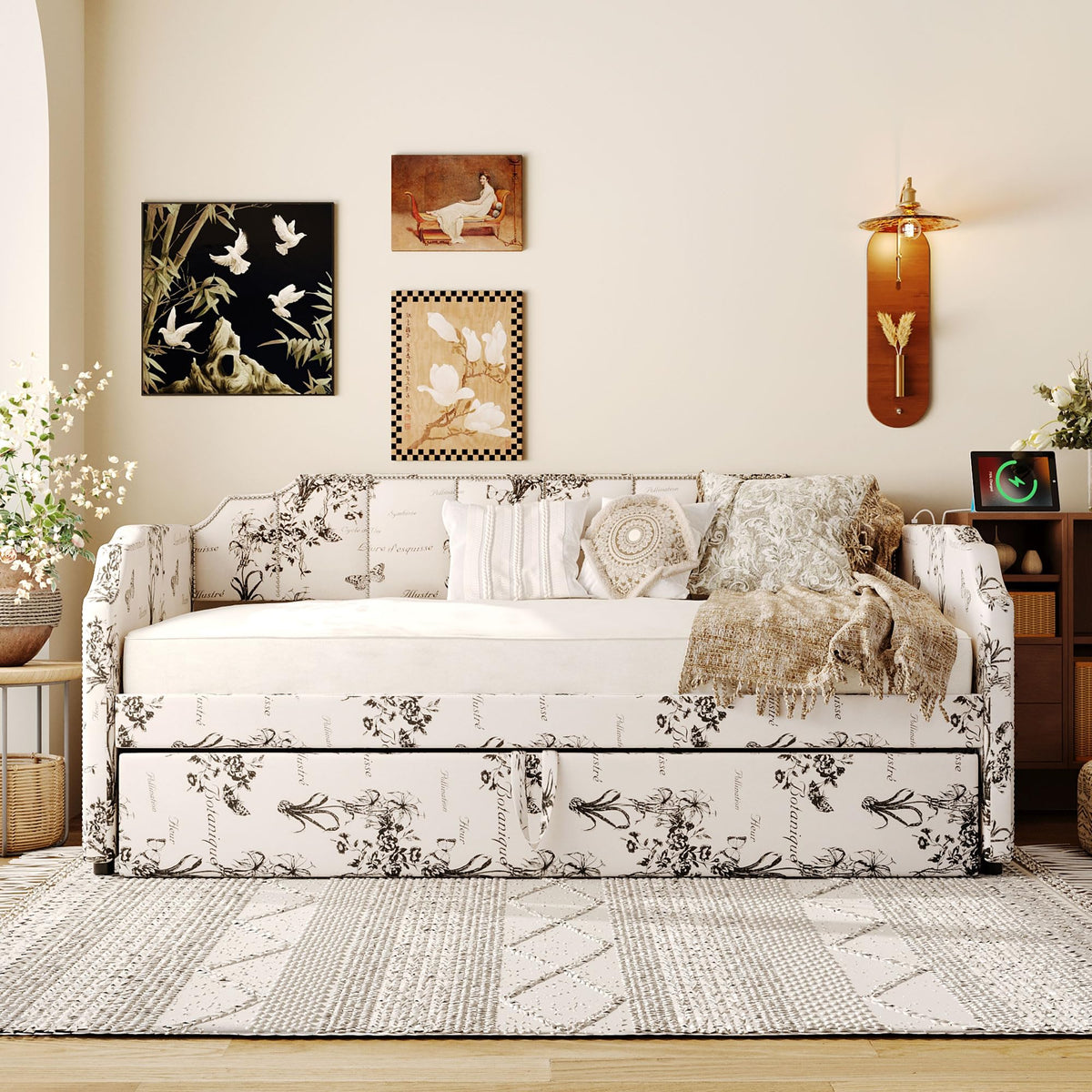 White Linen Upholstered Twin Size Daybed with Pop-Up Trundle R220672