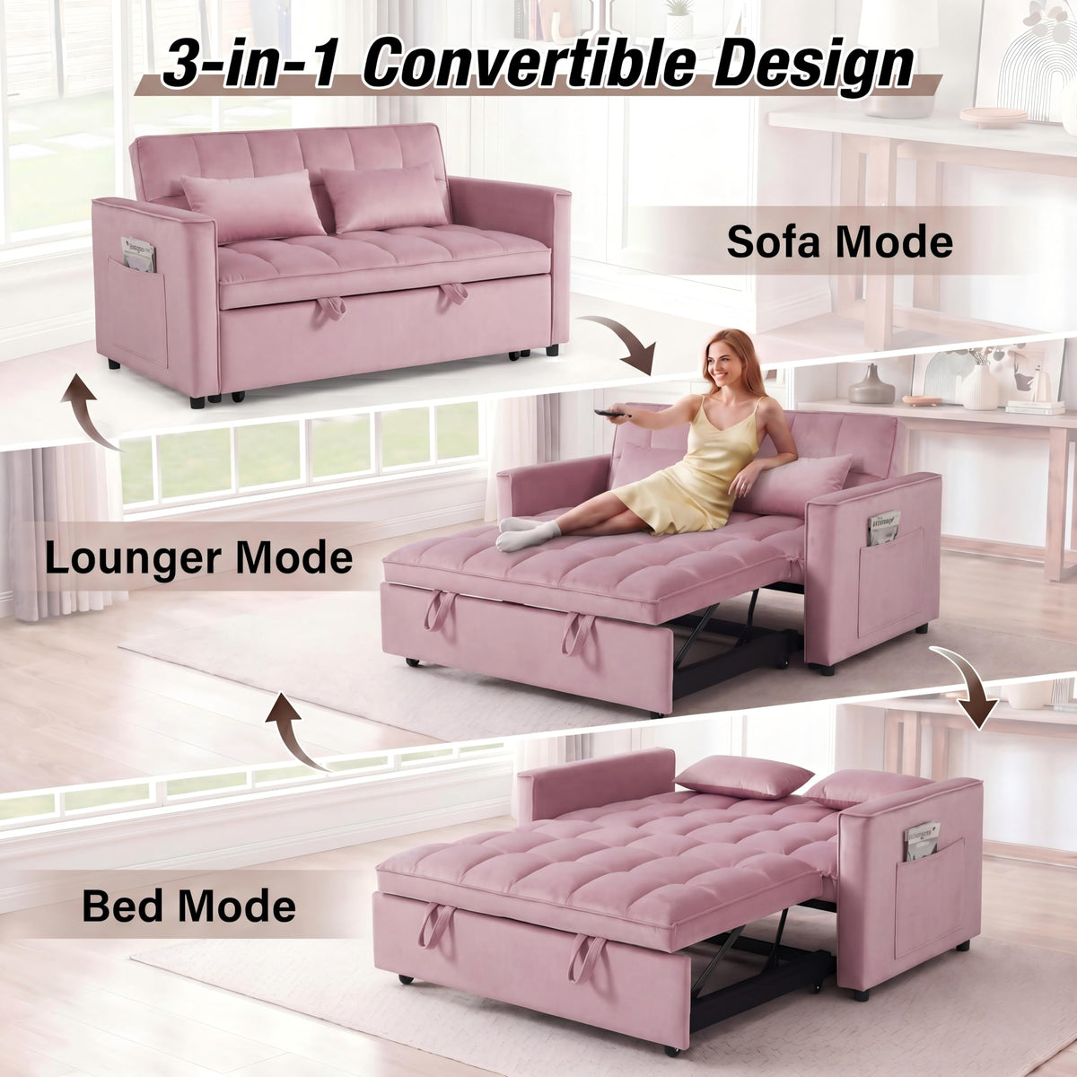 Pink Velvet 54" Sleeper Sofa V45768