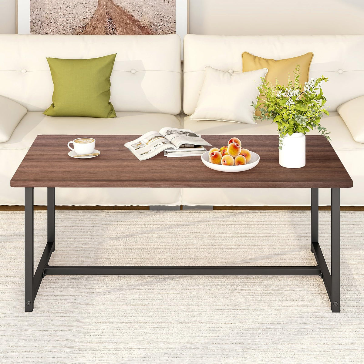 Walnut Rectangular Wood Coffee Table with Metal Frame B591