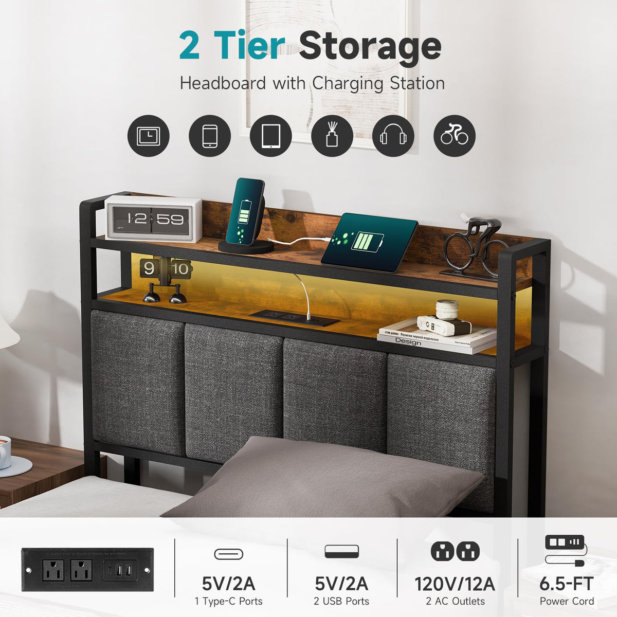 Twin Bed Frame with Upholstered Headboard P66078