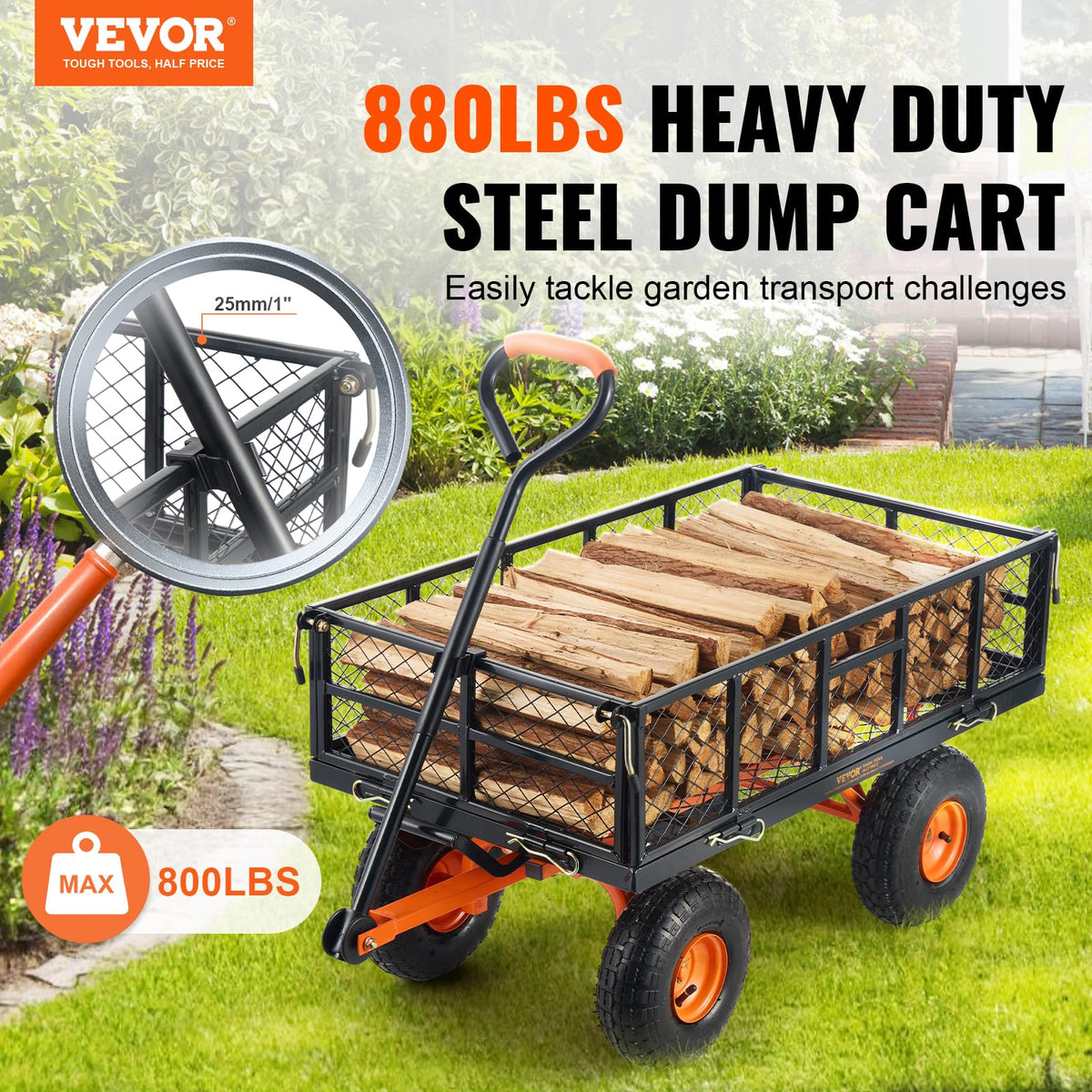 880lbs Steel Garden Dump Cart Utility Wagon with Removable Sides Q2614