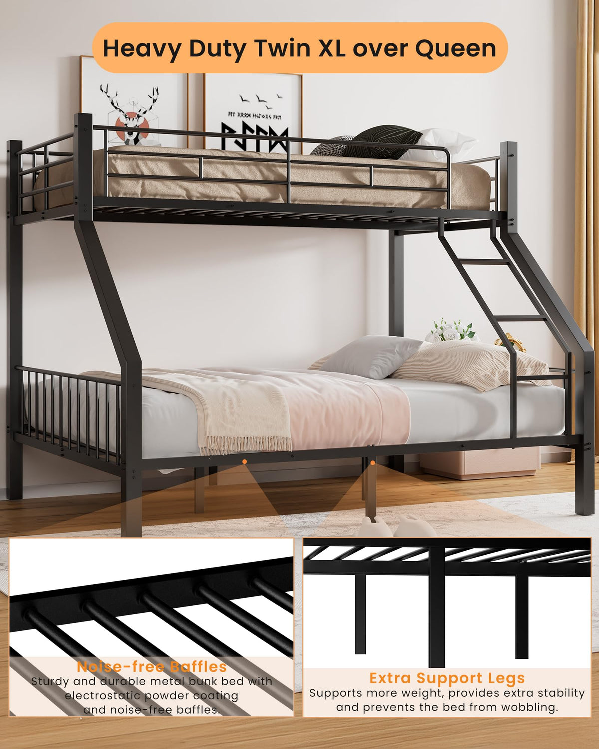 Twin XL Over Queen Bunk Bed with Ladder and Guardrails B9991
