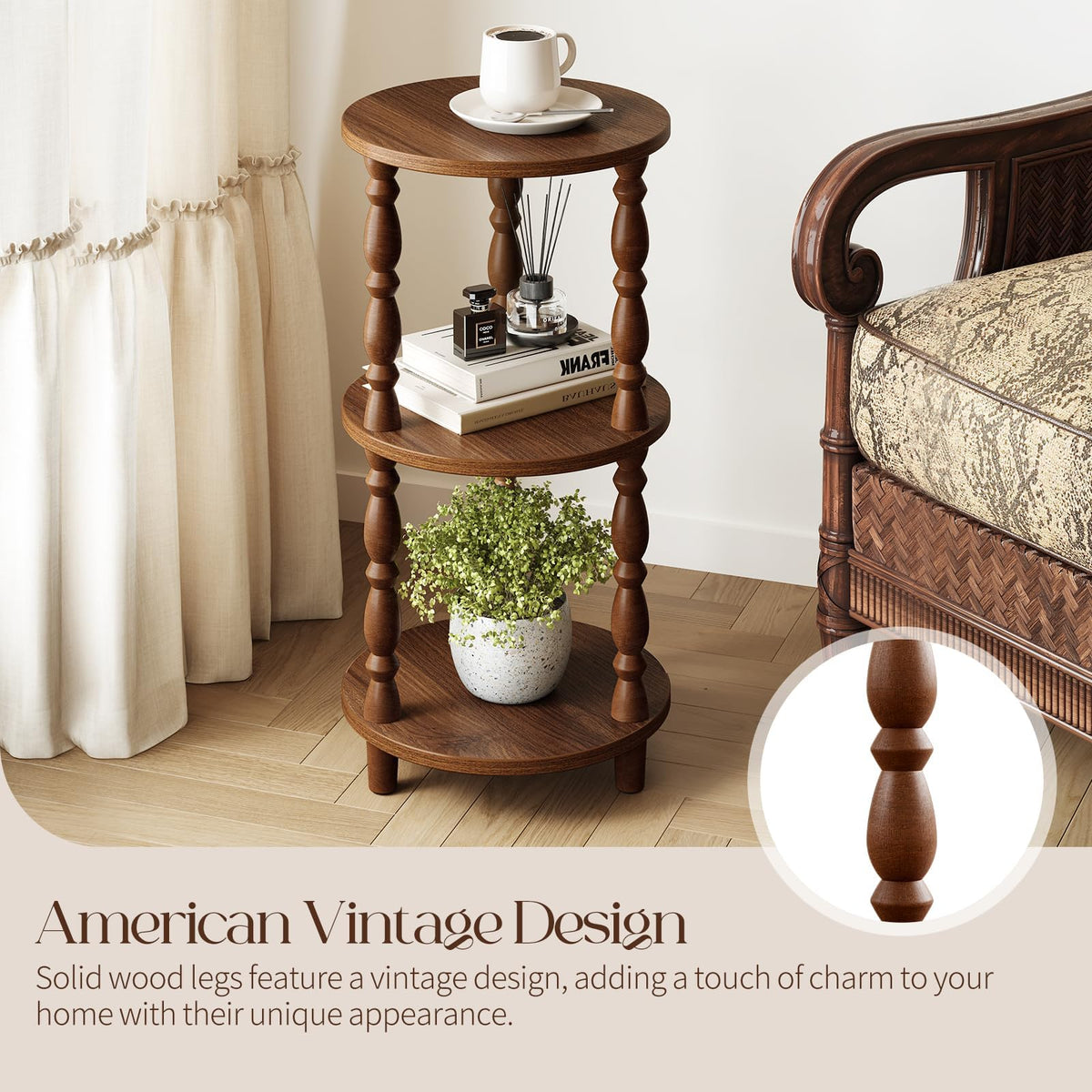 Small Round 3-Tier Wood Side Table with Storage Shelf U4314