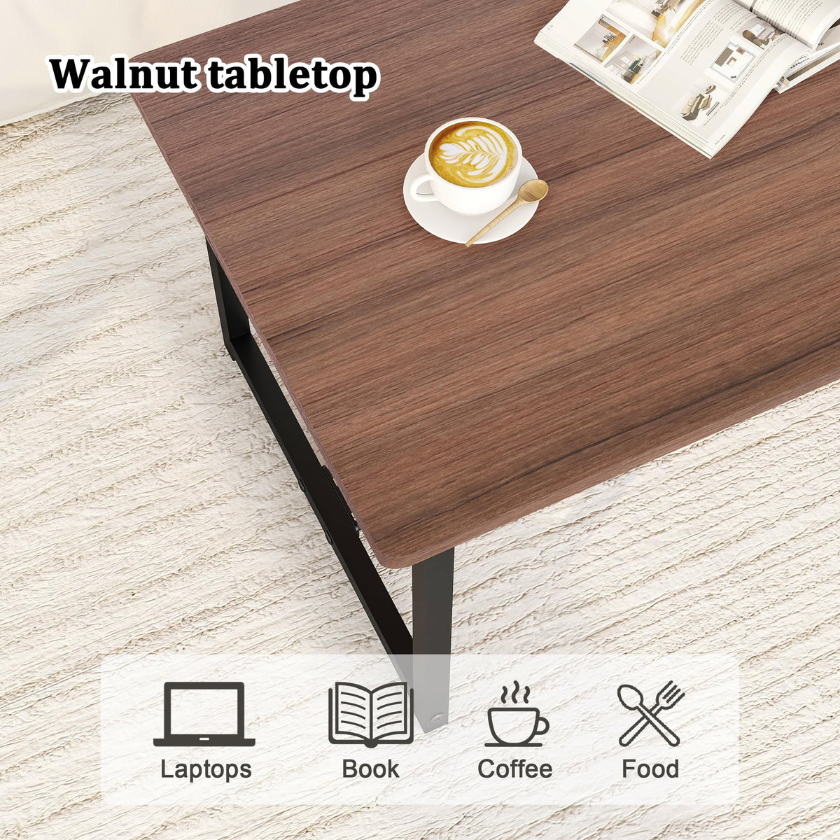 Walnut Rectangular Wood Coffee Table with Metal Frame B591