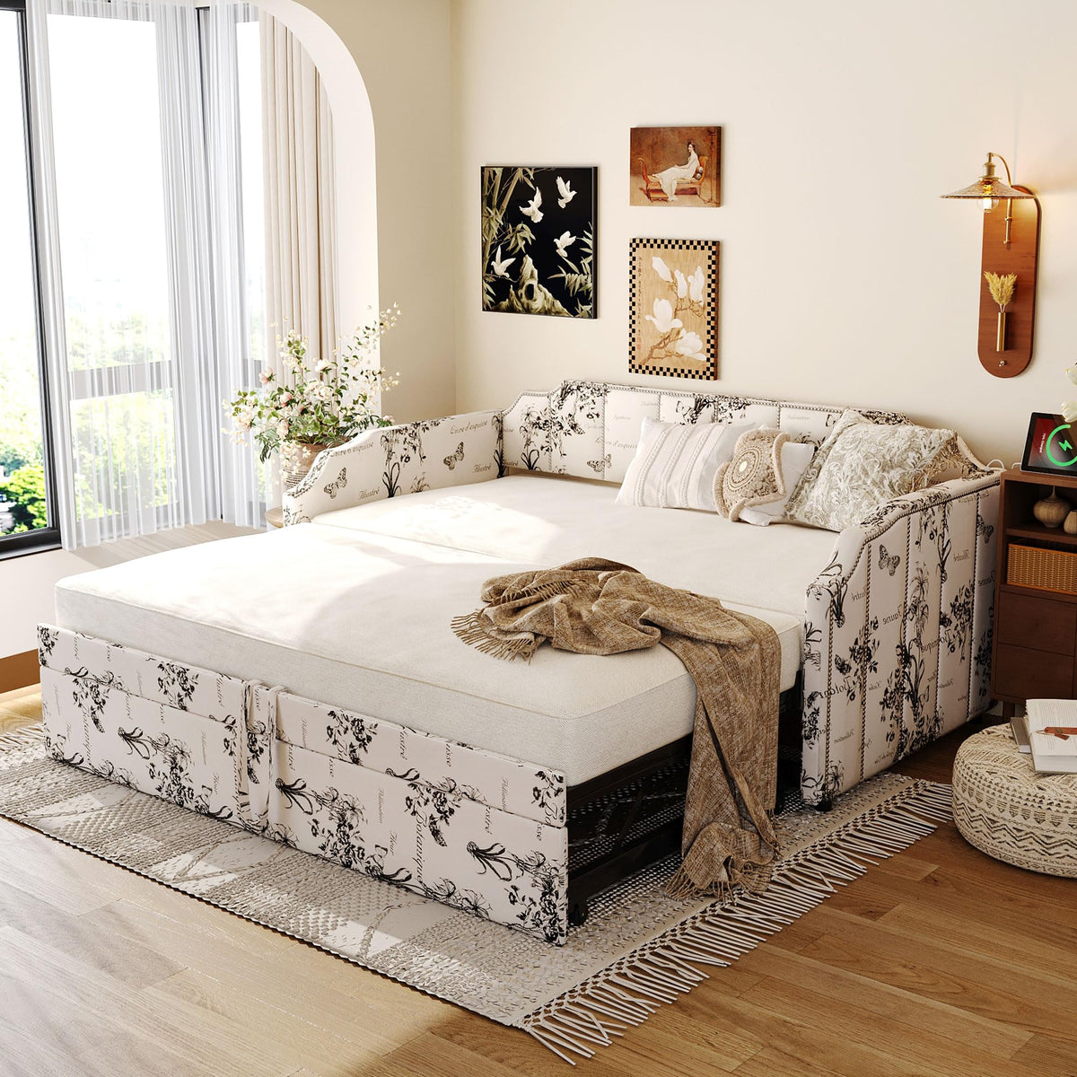 White Linen Upholstered Twin Size Daybed with Pop-Up Trundle R220672