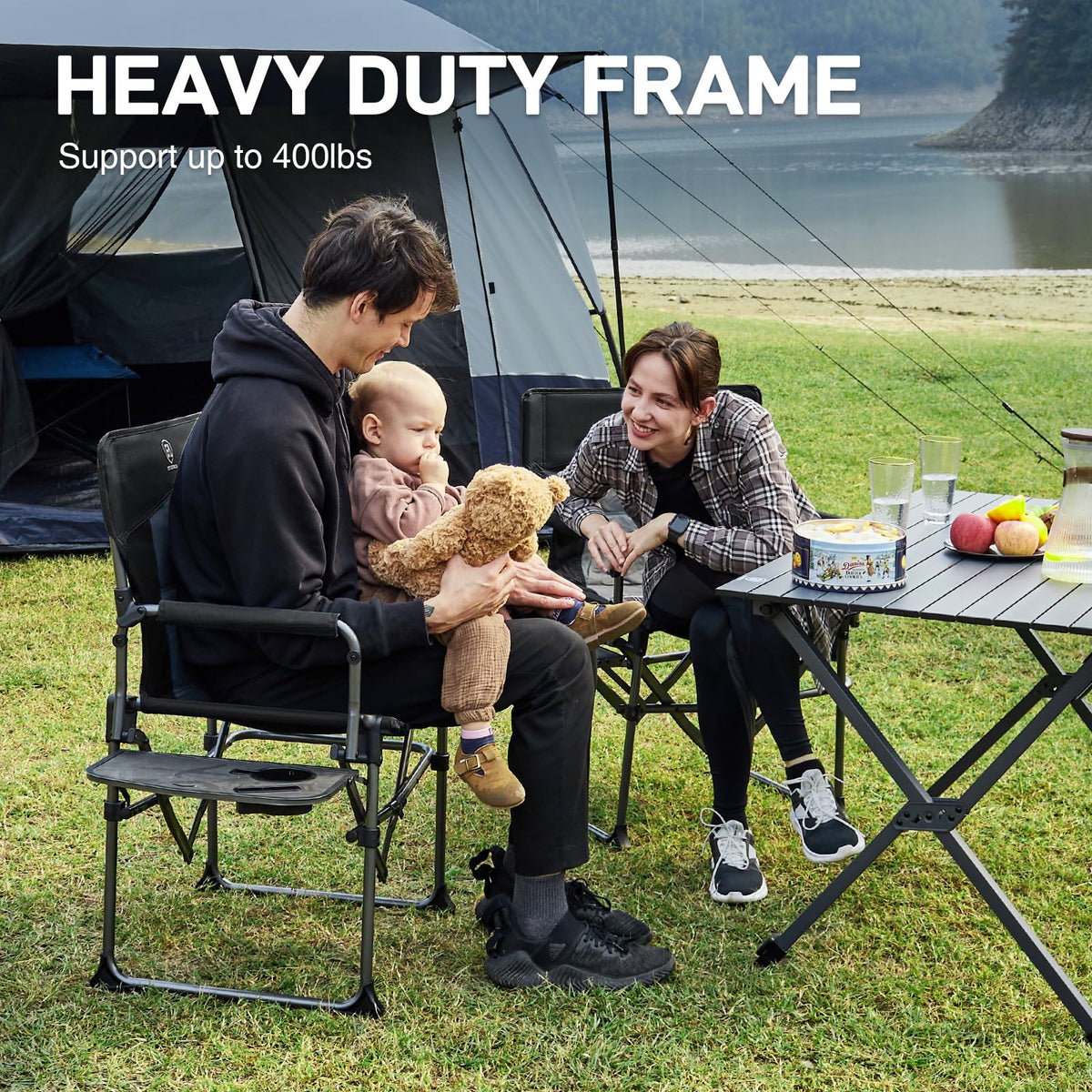Portable Folding Camping Chair with Side Table, Black Q878