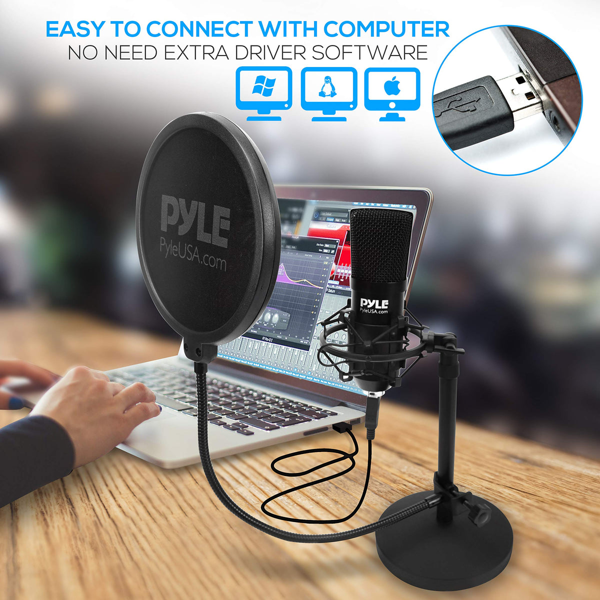 USB Cardioid Condenser Microphone with Desktop Stand and Pop Filter M5033